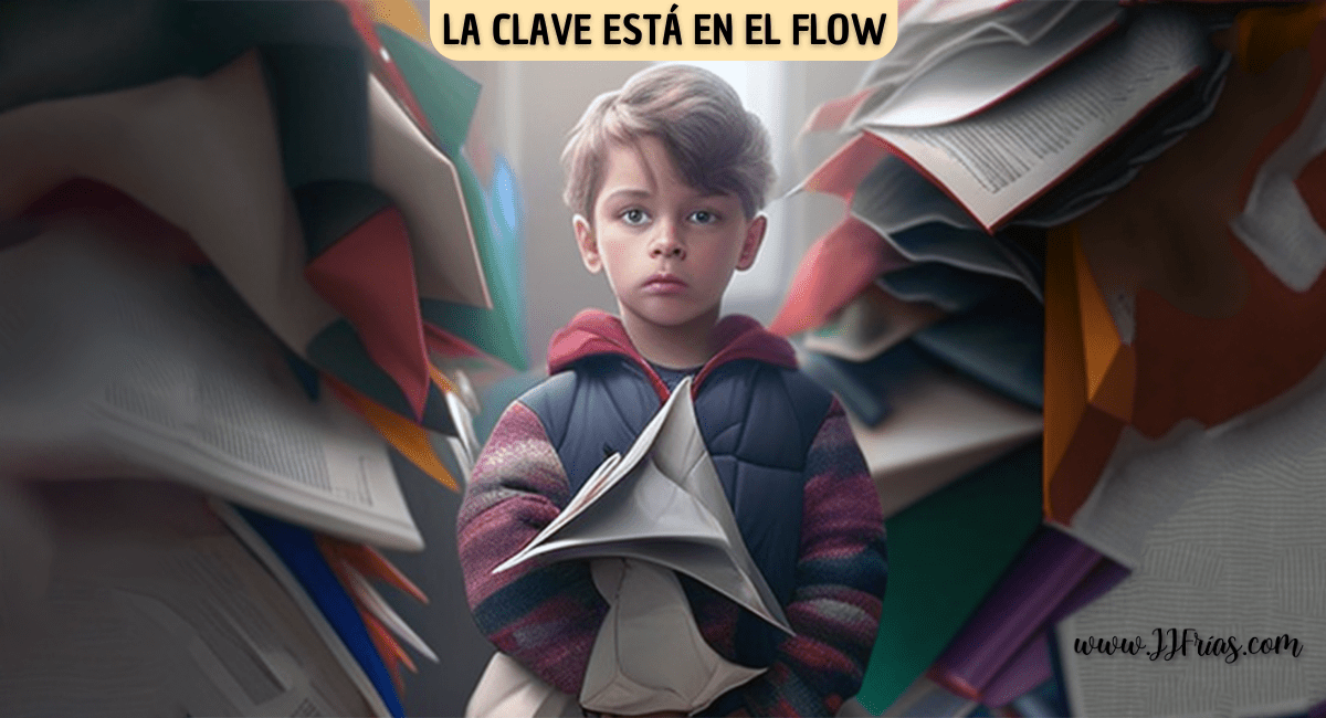 Niño entre libros sobre la teoría del flow