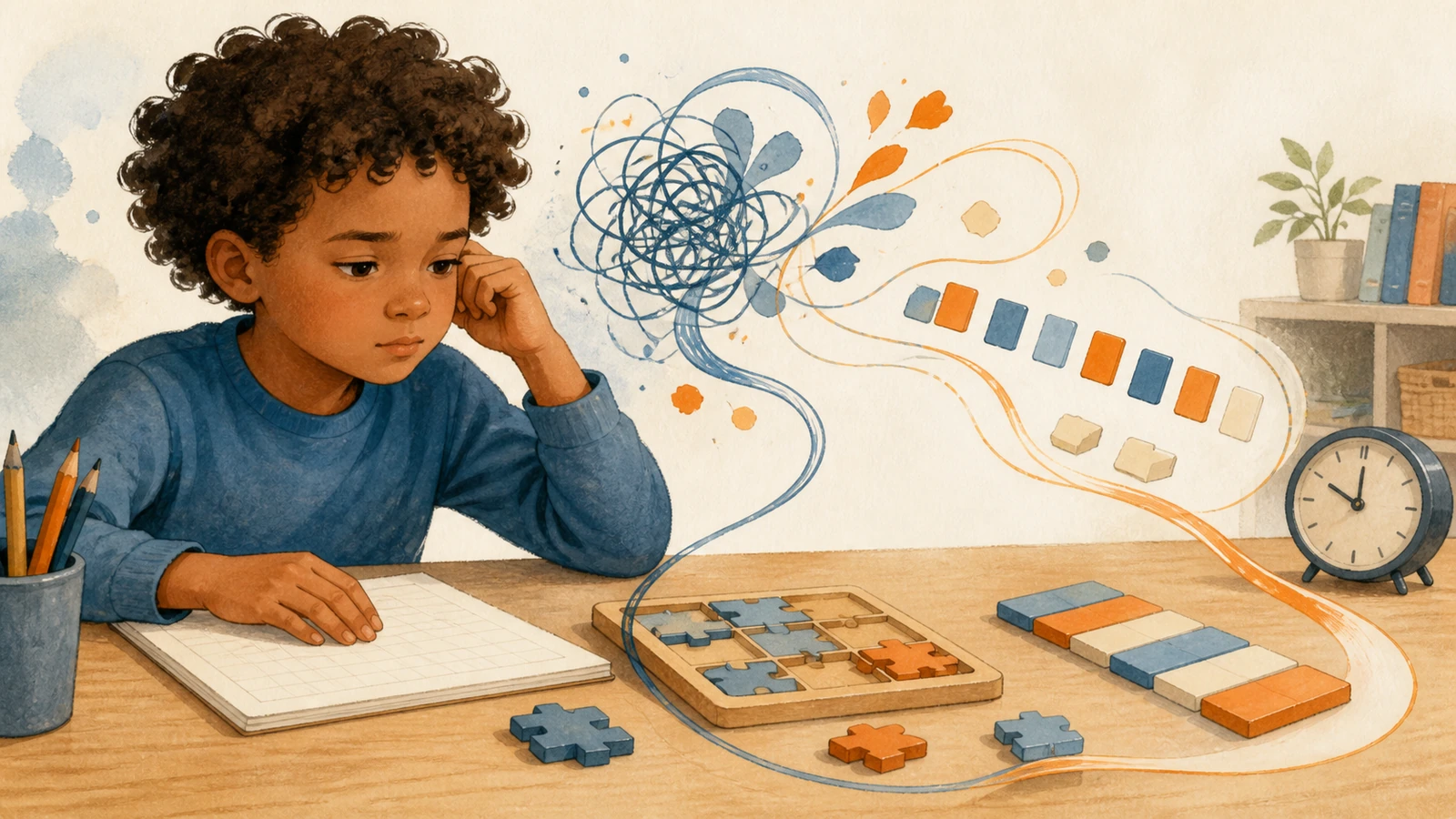 Niño ante una tarea matemática mientras pensamientos y materiales compiten por su atención.