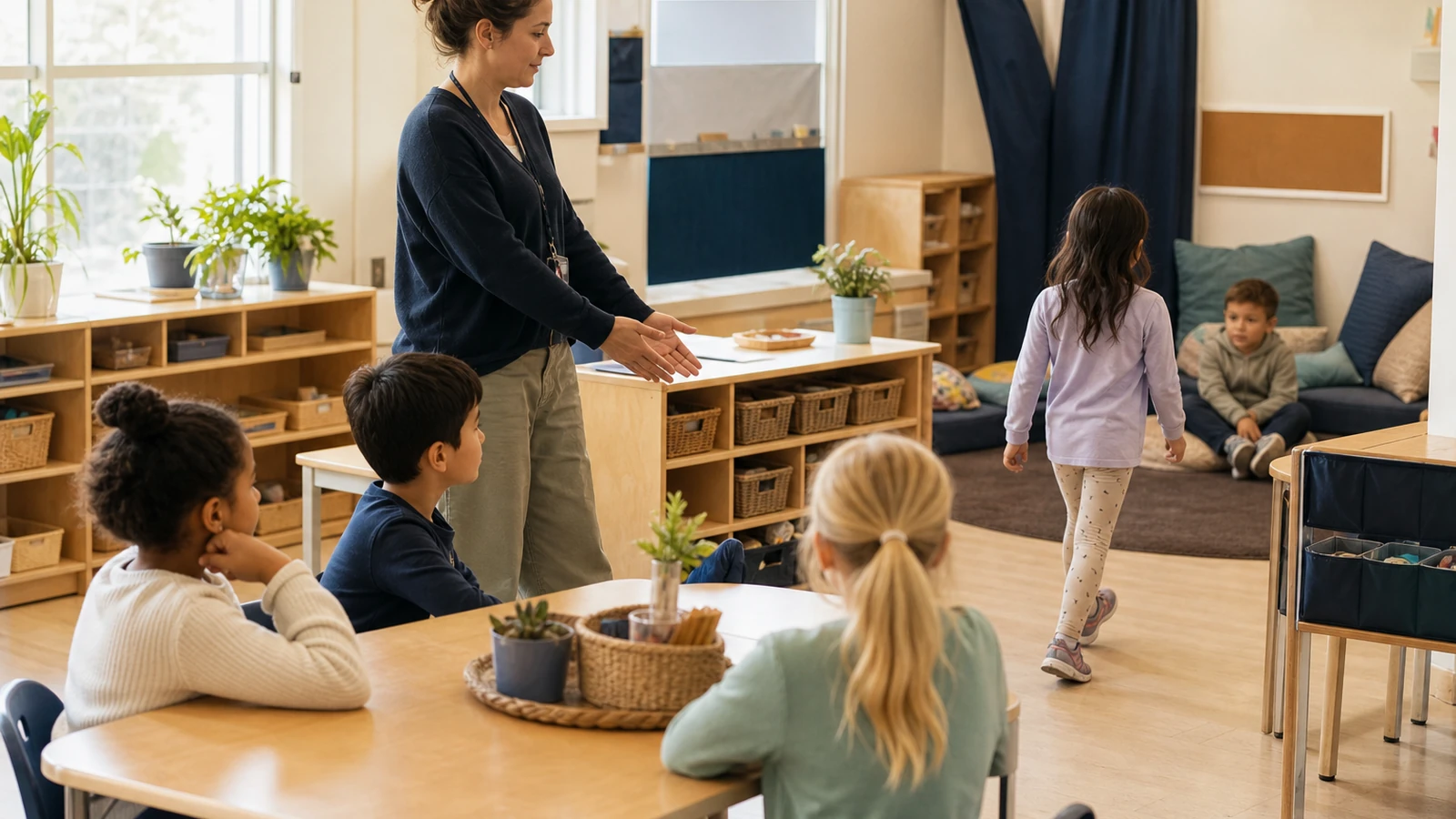 Docente de Primaria modelando con el grupo una transición ordenada hacia la zona de lectura.