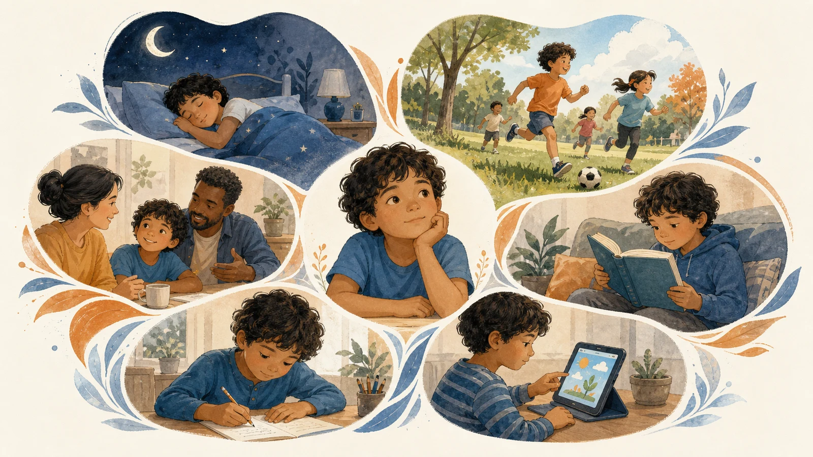 Rutina infantil equilibrada con sueño, juego al aire libre, conversación, lectura, escritura y uso breve de una tableta.