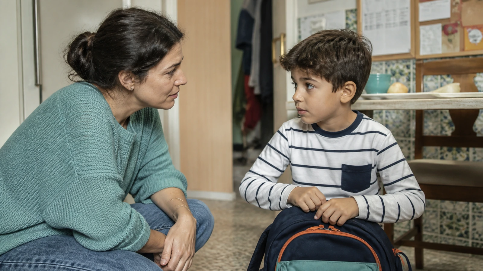 Madre escucha a su hijo junto a la mochila antes de salir hacia el colegio