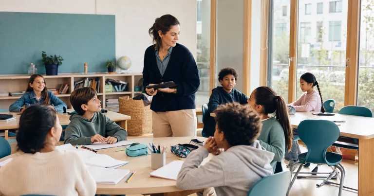 Docente de Primaria acompañando a un grupo diverso en un aula organizada para aprender.