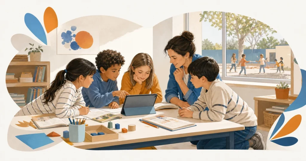 Docente y alumnado de Primaria trabajan en grupo con una tableta, libros y materiales manipulativos.