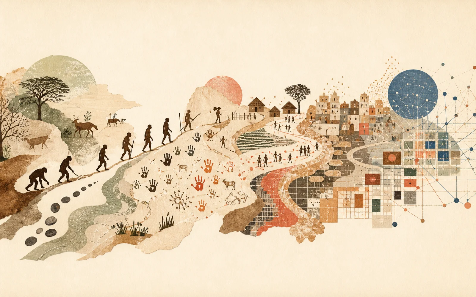 Ilustración editorial que recorre la evolución humana desde los primeros grupos hasta las sociedades conectadas por datos