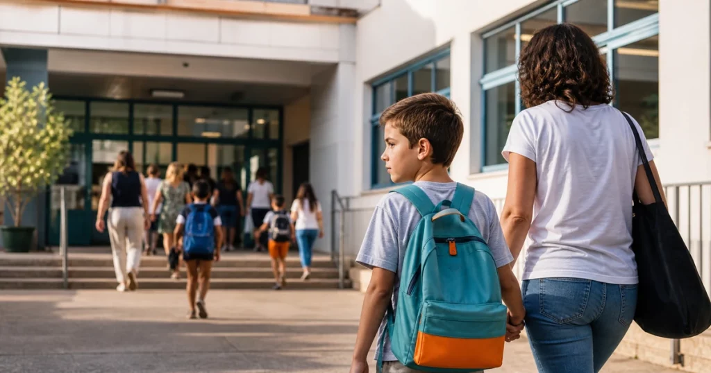 Niño acompañado por un adulto camina hacia la entrada del colegio en la vuelta a clase
