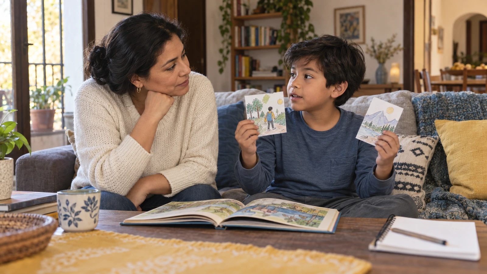 Una madre y su hijo reconstruyen con tarjetas ilustradas lo que ha sucedido en una historia que acaban de leer.