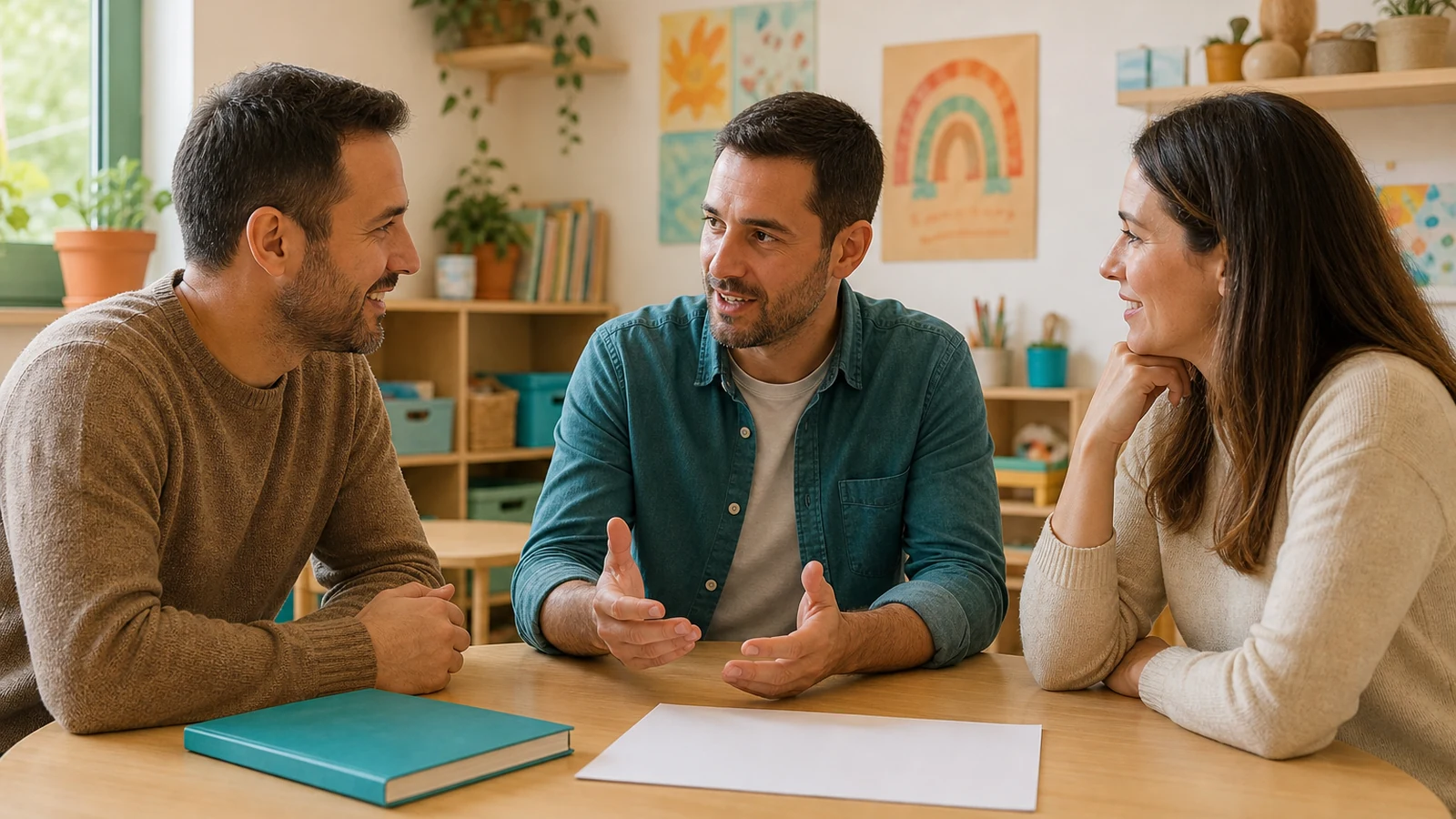 Padre y madre conversan con un maestro para coordinar el apoyo ante dificultades repetidas con los deberes