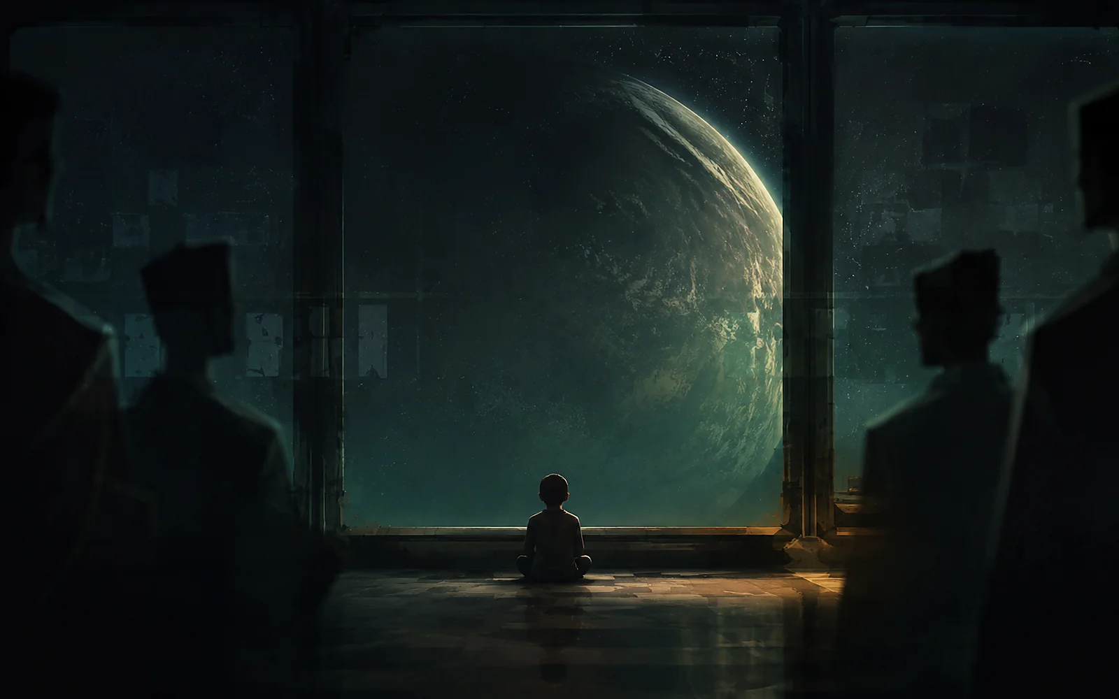 Niño ante un planeta observado por figuras adultas en una sala espacial