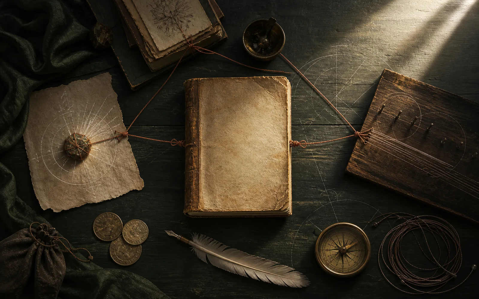 Mesa de estudio con libro, monedas, cuerdas musicales y materiales conectados por hilos