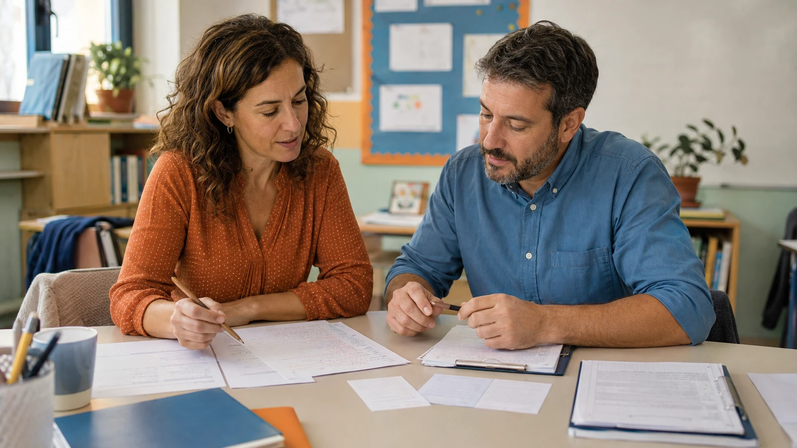 Una maestra y un maestro comparan trabajos, notas de observación y tareas breves para planificar los siguientes pasos