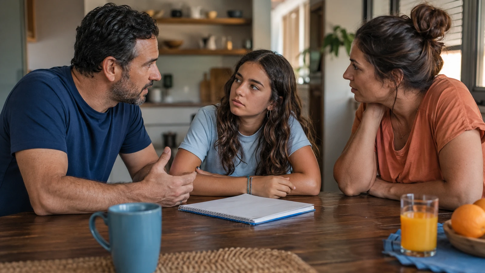 Un padre y una madre escuchan a su hija adolescente al hablar sobre la evaluación de comienzo de curso