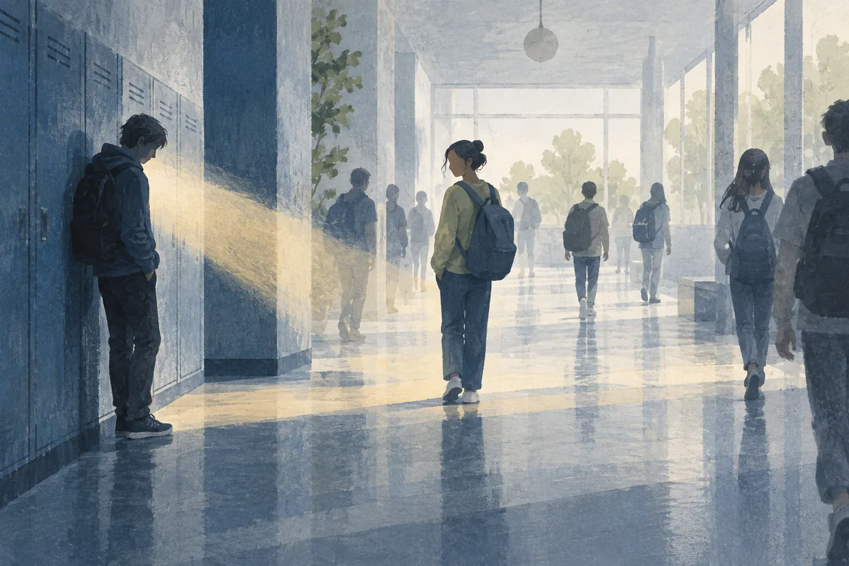 Ilustración de estudiantes en un pasillo; una alumna mira hacia un compañero aislado.