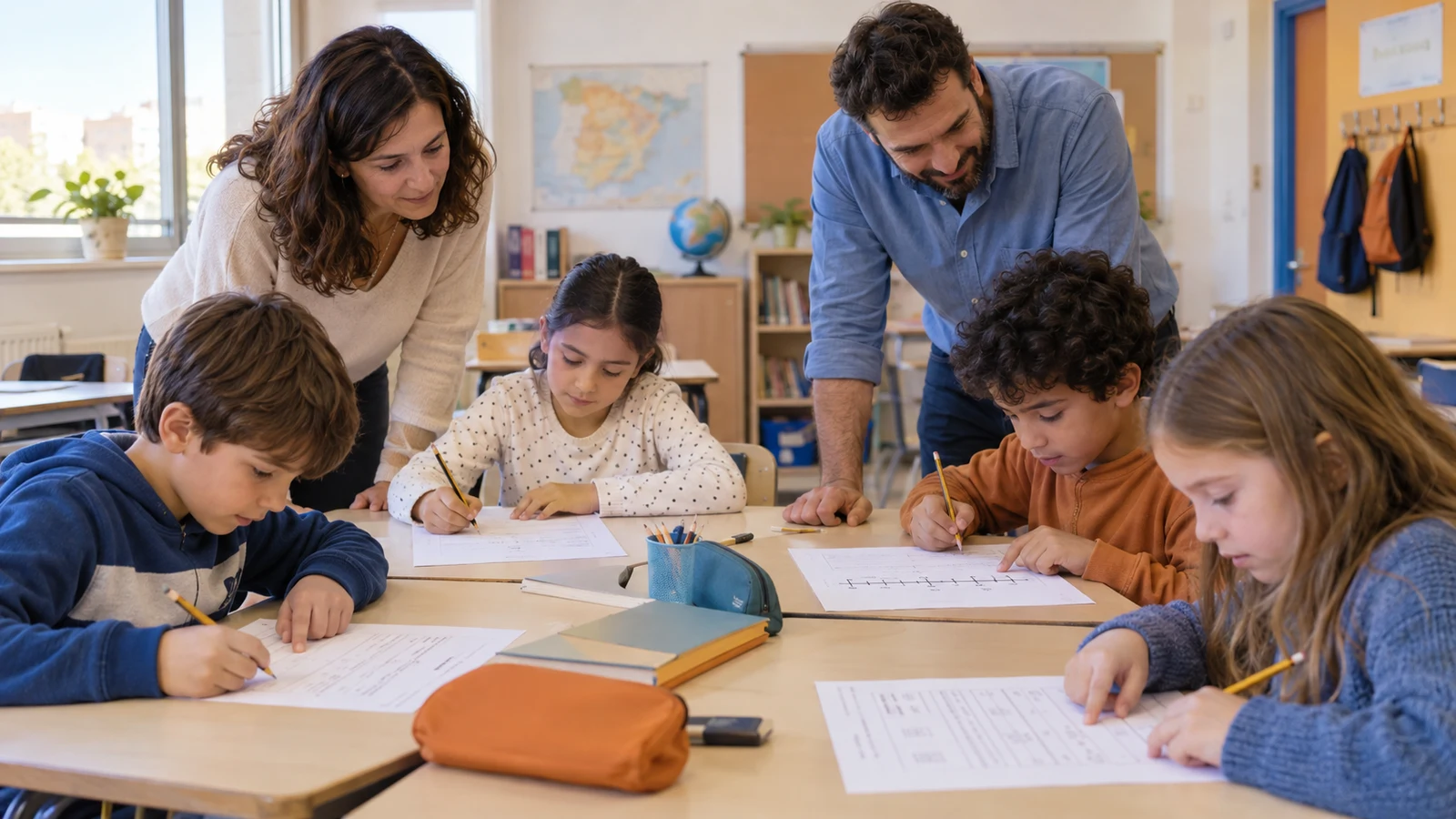 Una maestra y un maestro observan a un grupo diverso de niños que trabajan con fichas claras y apoyos visuales relacionados con las tareas.