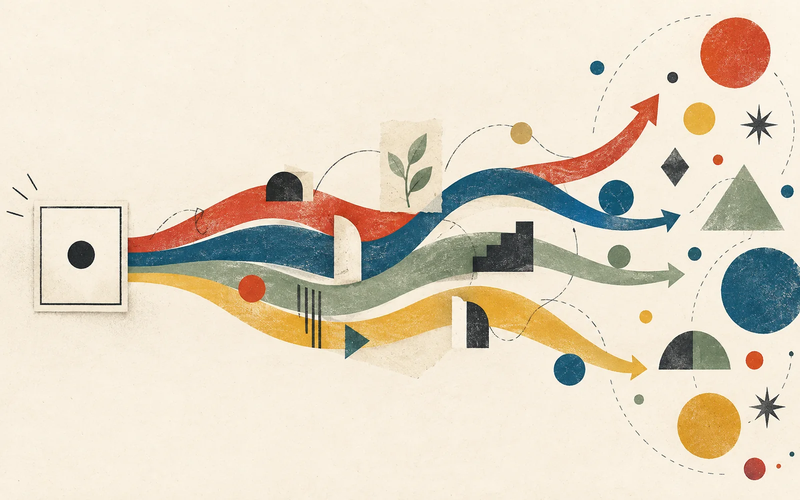 Ilustración abstracta de una medición puntual que se transforma en varios caminos y posibilidades