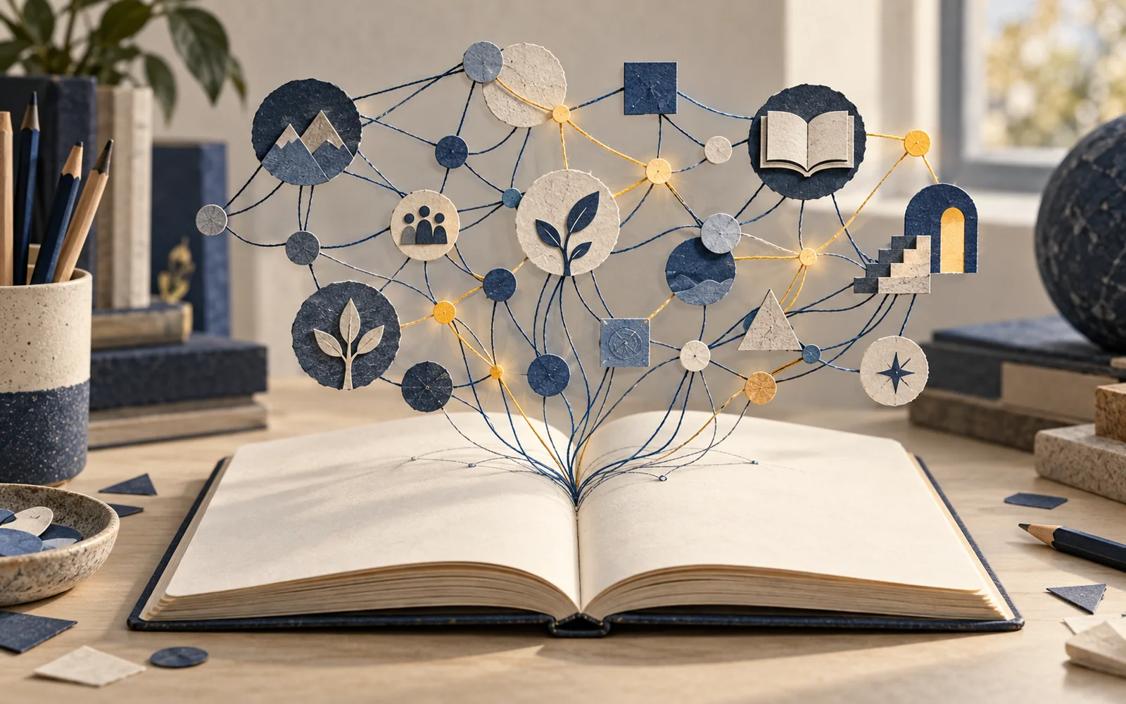 Cuaderno abierto del que parten conexiones de papel entre ideas, como metáfora de los conocimientos previos