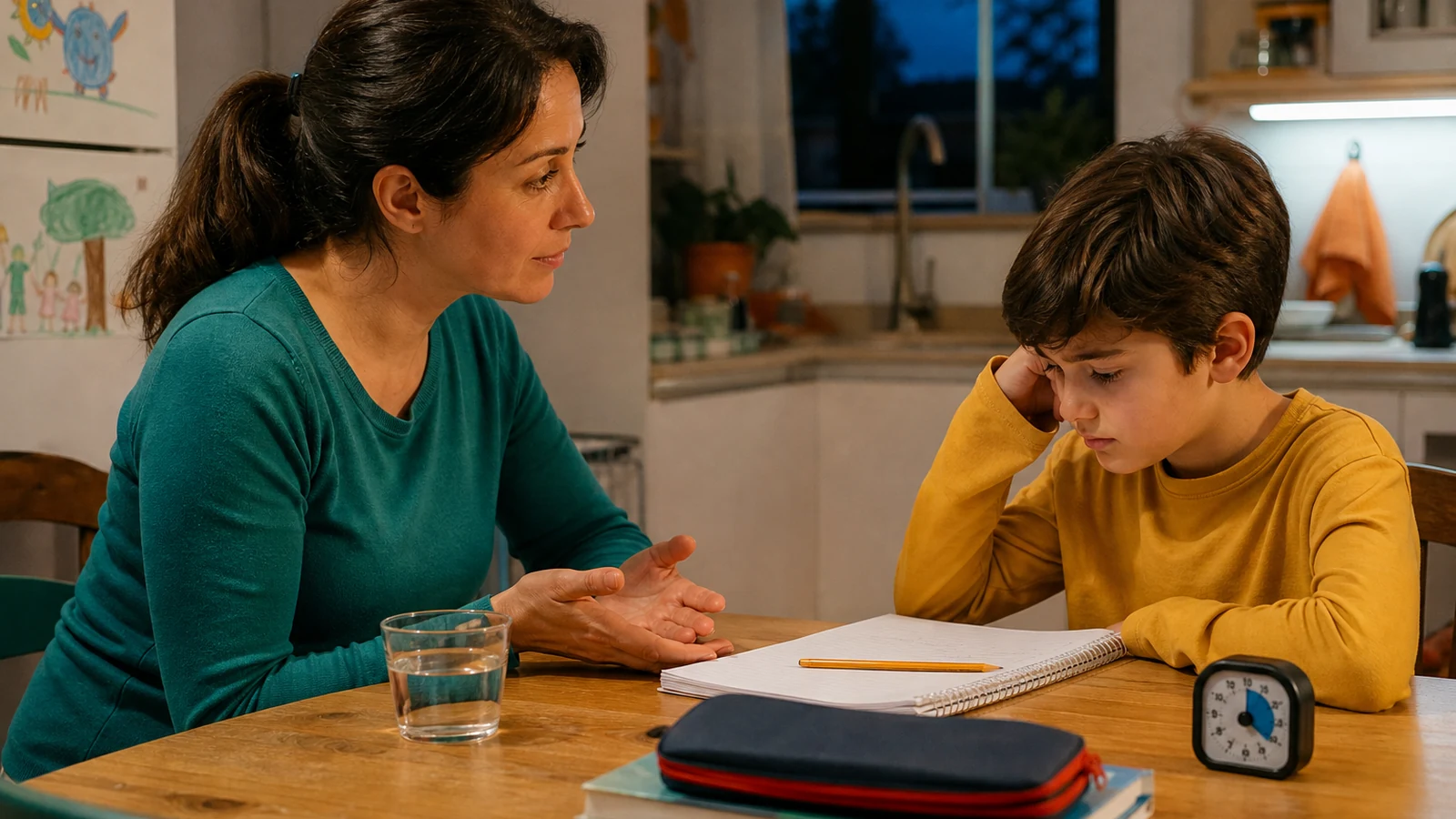 Madre escucha a su hijo durante una pausa breve ante la frustración con los deberes