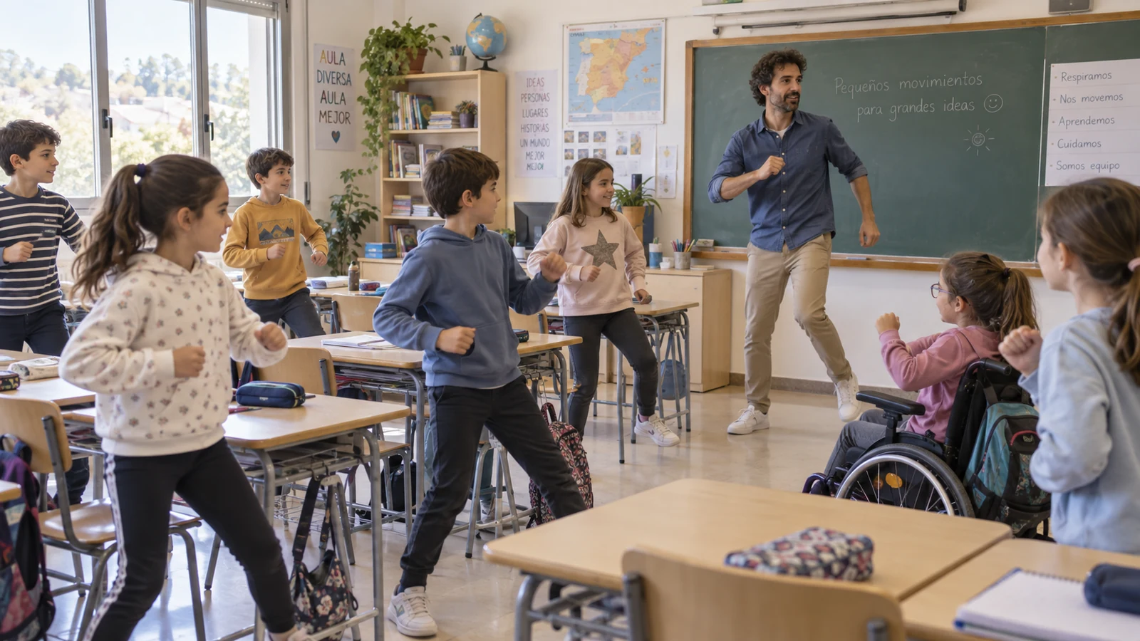 Docente y alumnado realizan movimientos suaves en el aula; un estudiante participa sentado.
