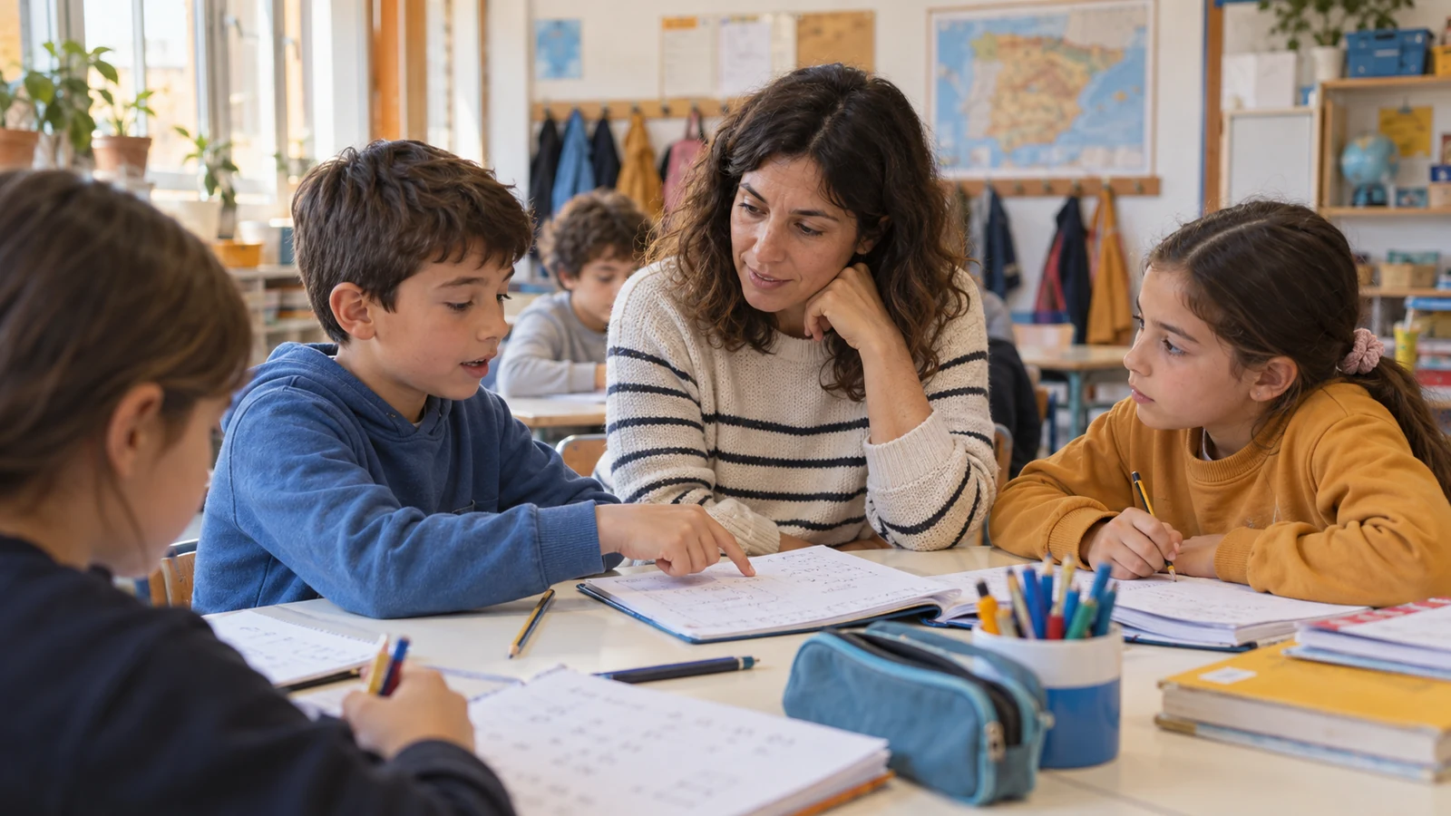 Alumnado de Primaria vuelve a una tarea de mesa con acompañamiento docente después de moverse.