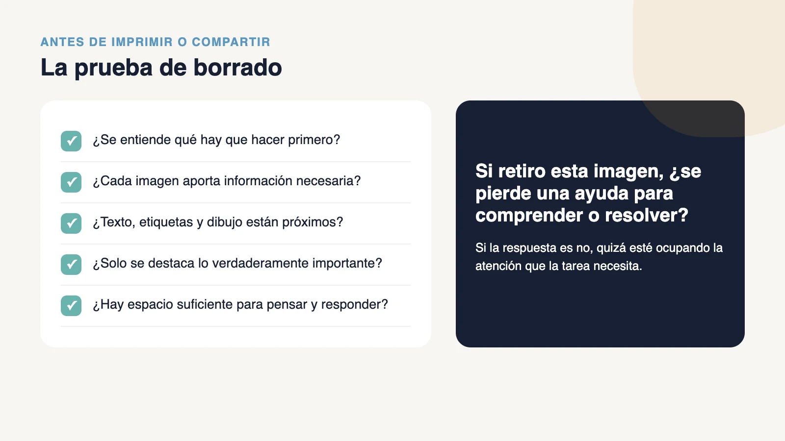 Lista visual para revisar una ficha: identificar el objetivo, retirar adornos, acercar texto e imagen, destacar lo esencial y comprobar dónde comienza el alumnado.