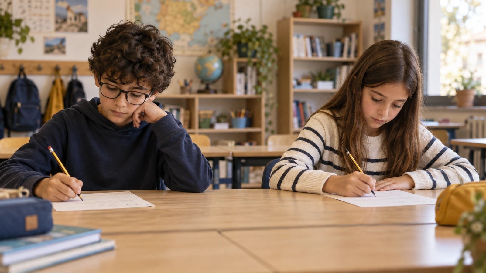 Dos estudiantes resuelven cada uno una tarea propia tras una actividad compartida.