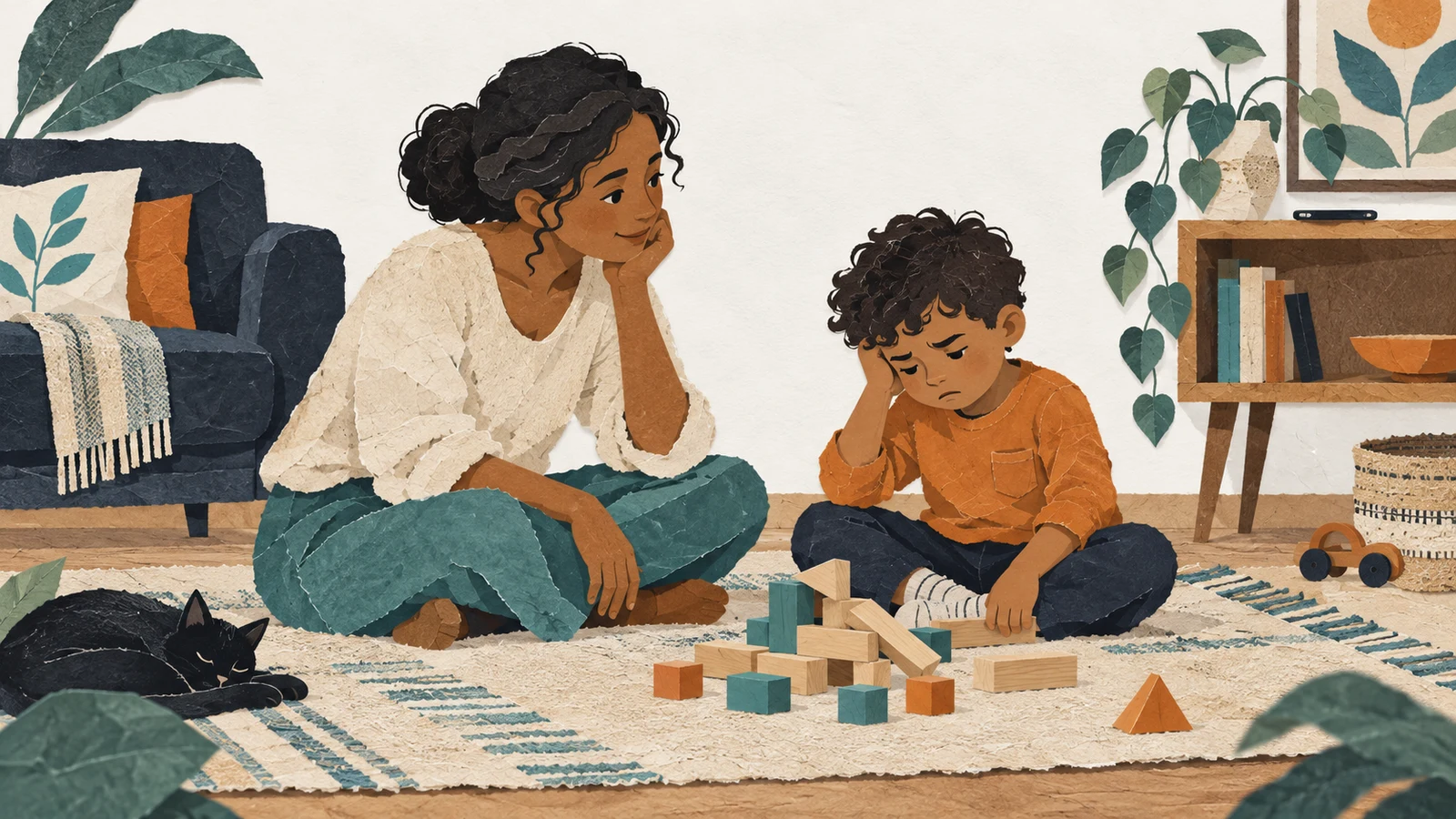 Collage de una madre que escucha a su hijo junto a una construcción de madera caída; el móvil queda apartado.