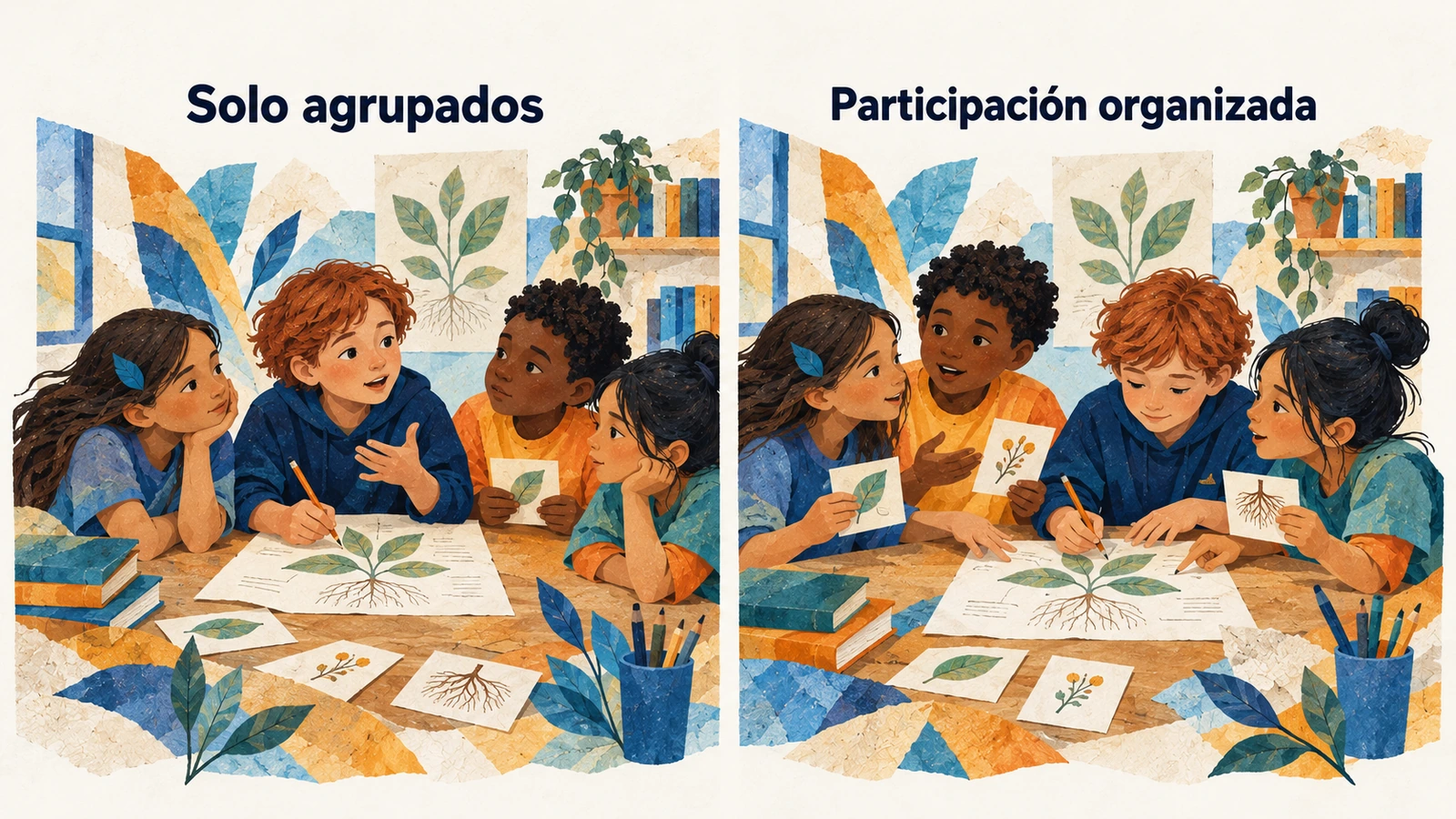 Comparación: en un grupo un niño dirige el trabajo; en otro, los cuatro incorporan sus observaciones a una explicación compartida.