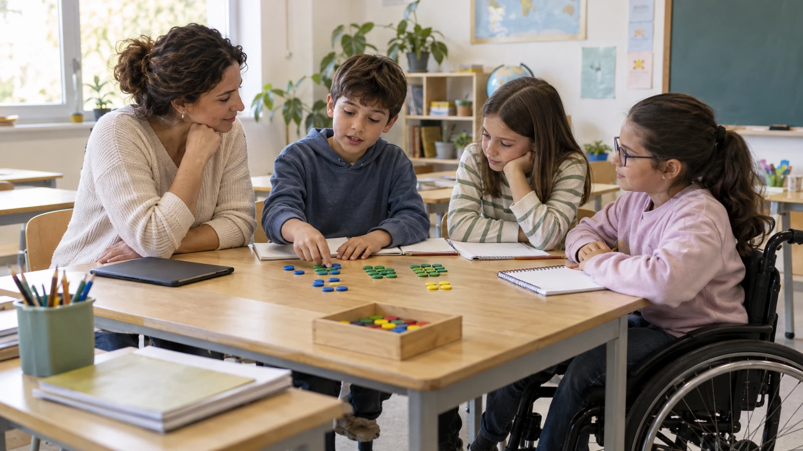 Una maestra acompaña a estudiantes que explican cantidades con fichas; una alumna en silla de ruedas participa en la misma mesa.