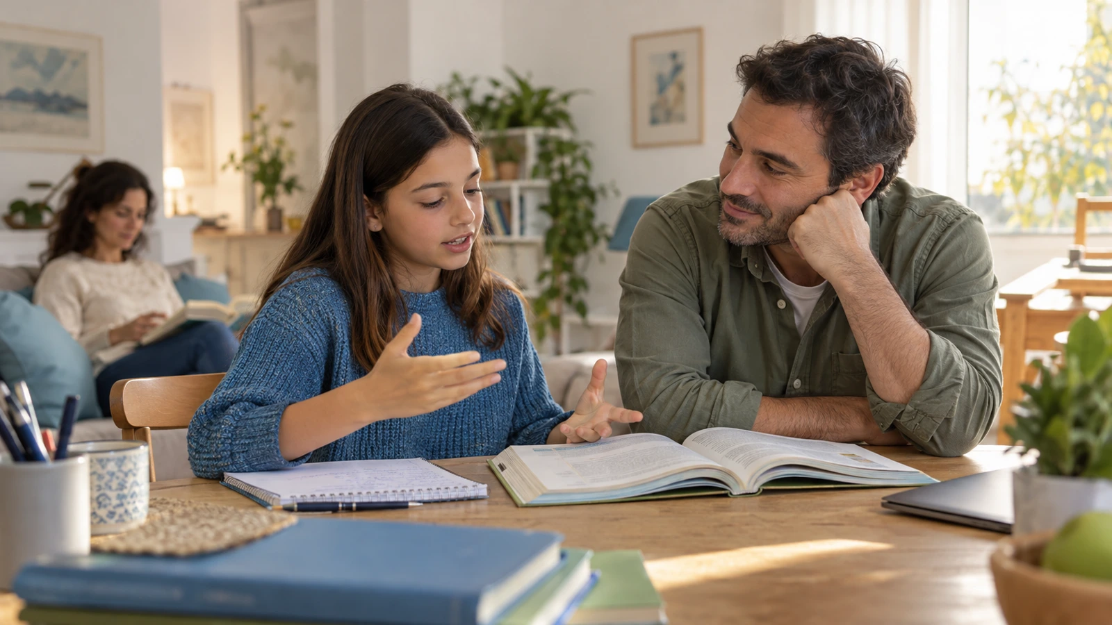 Un padre escucha a su hija explicar una lectura con sus notas; el ordenador permanece cerrado.
