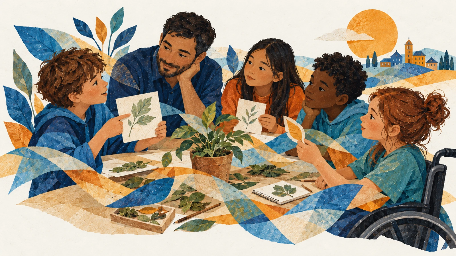 Un maestro escucha a un alumno que muestra un dibujo mientras otros escolares aportan tarjetas y observan una planta; una niña utiliza silla de ruedas.