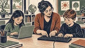 Grabado de una maestra que muestra el uso del teclado a una niña y un niño mientras ambos practican en el aula.