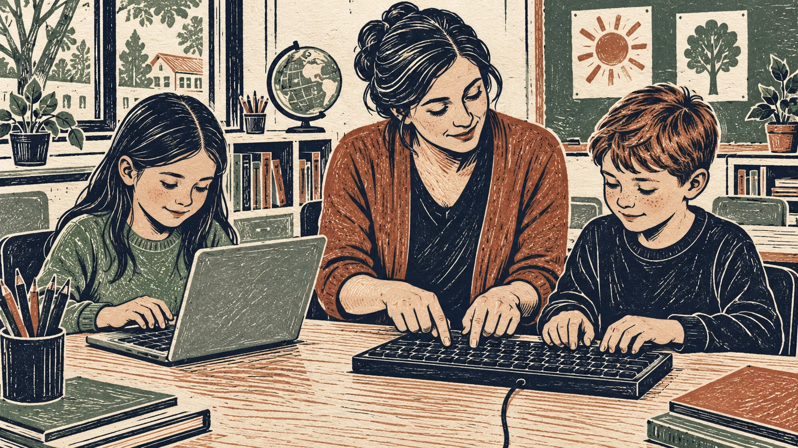 Grabado de una maestra que muestra el uso del teclado a una niña y un niño mientras ambos practican en el aula.