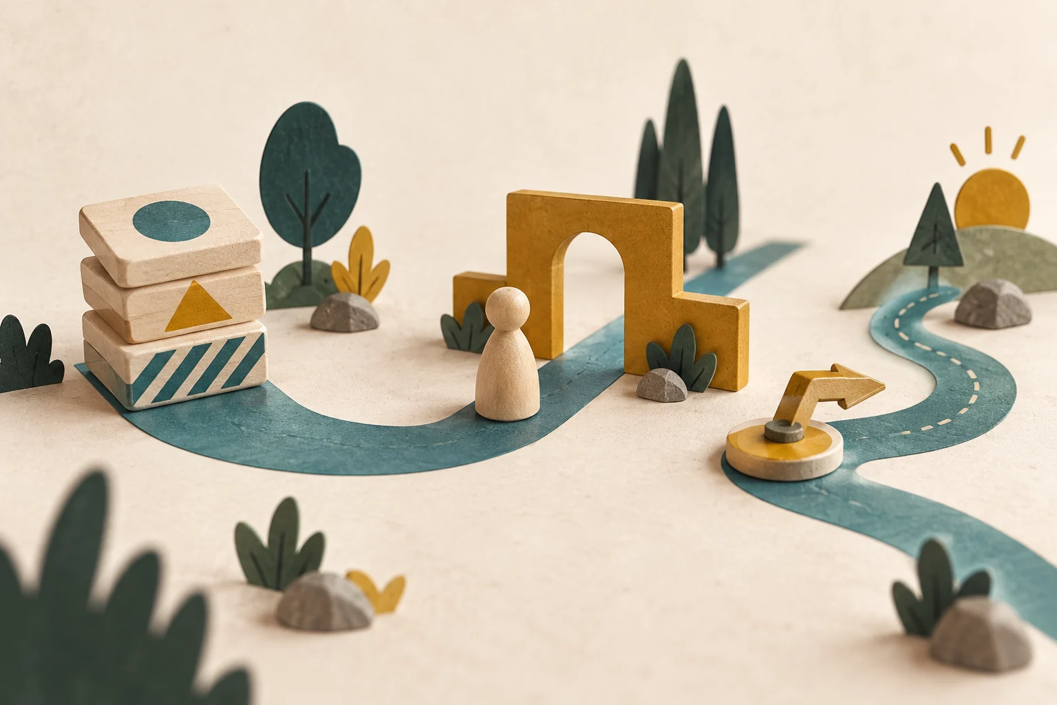 Maqueta con fichas apiladas, un peón ante una puerta y un camino que cambia de dirección
