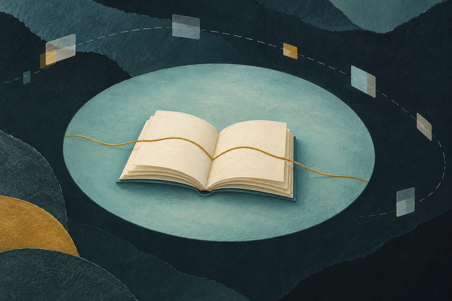 Libro abierto dentro de un espacio tranquilo, rodeado de pequeños fragmentos que evocan interrupciones