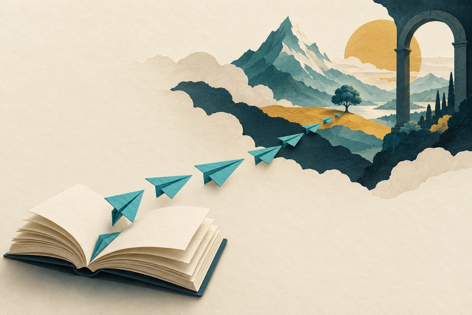 Un libro abierto se prolonga en un camino de papel hacia un paisaje imaginado