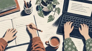 Grabado de dos pares de manos: unas escriben con lápiz en un cuaderno y otras utilizan un teclado.