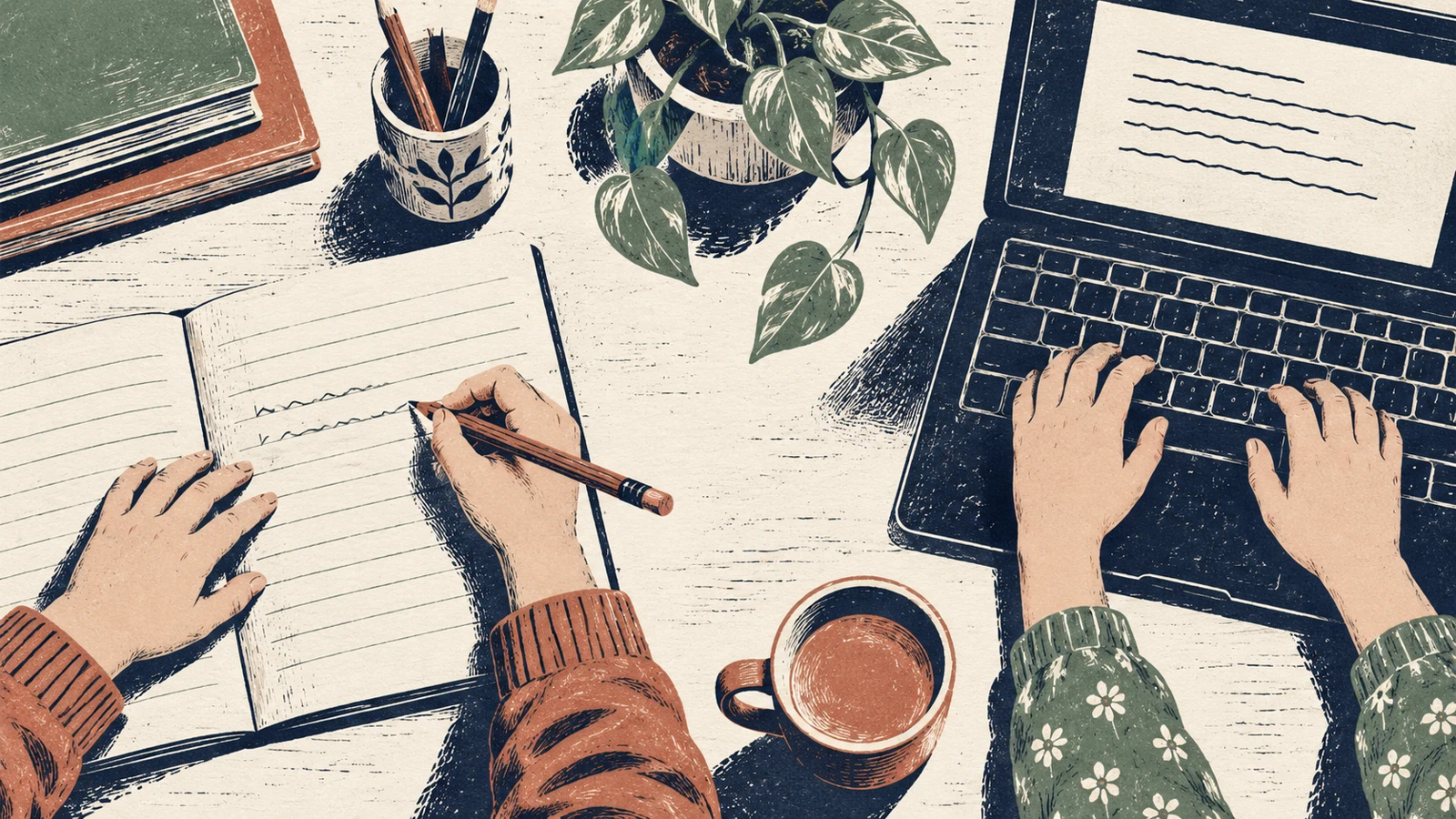 Grabado de manos escribiendo con lápiz y utilizando un teclado.