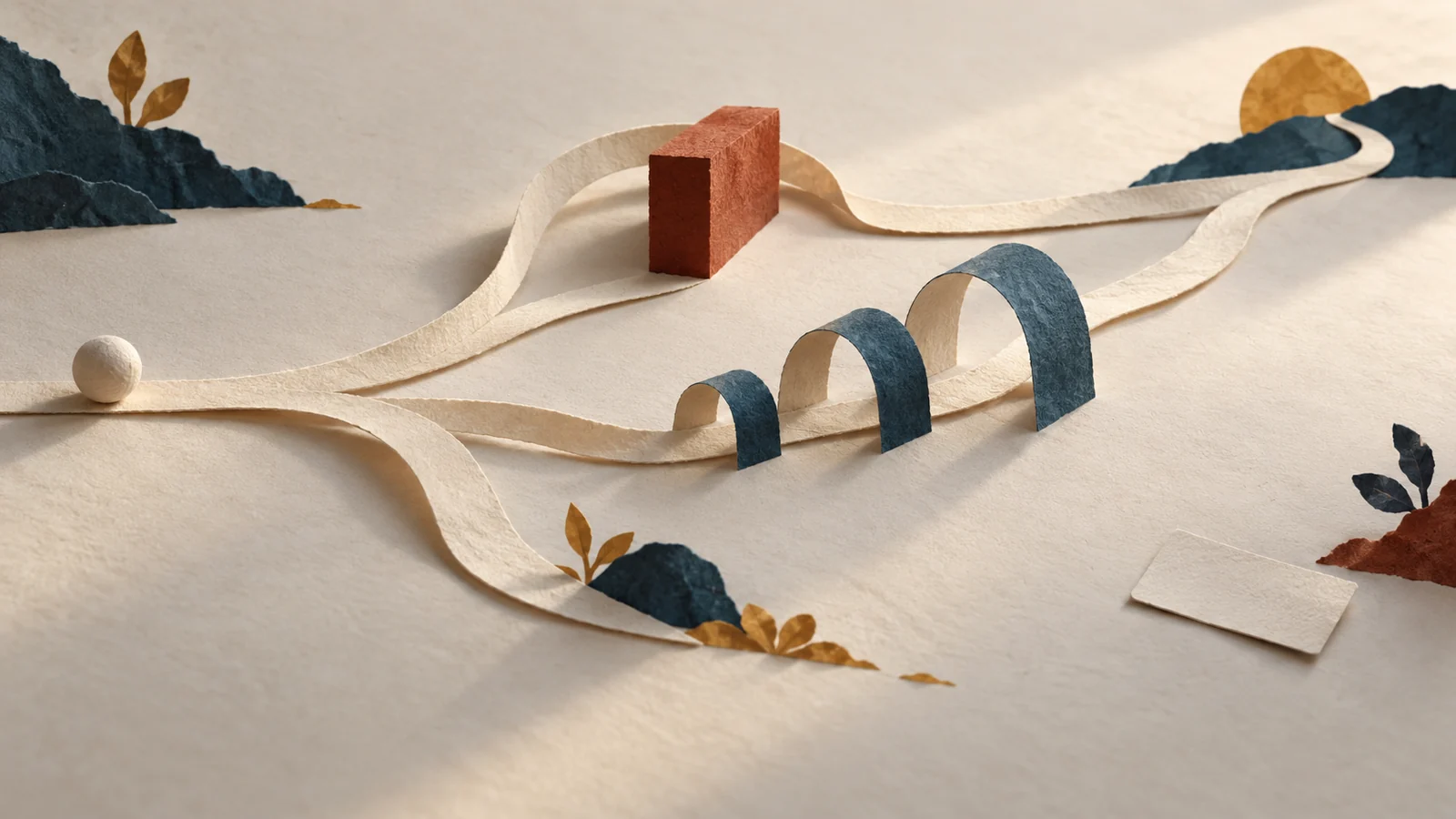 Caminos de papel que se abren y se reorganizan alrededor de un obstáculo.