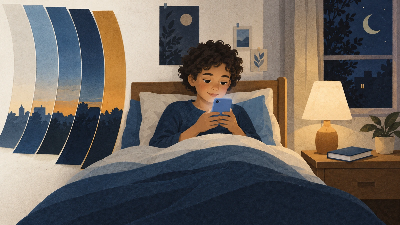 Un escolar utiliza un teléfono en la cama; capas curvas de papel representan el tiempo que sigue pasando antes de dormir.