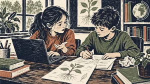 Grabado de una niña revisando un texto en el portátil y un niño escribiendo en papel mientras conversan sobre un informe de plantas.