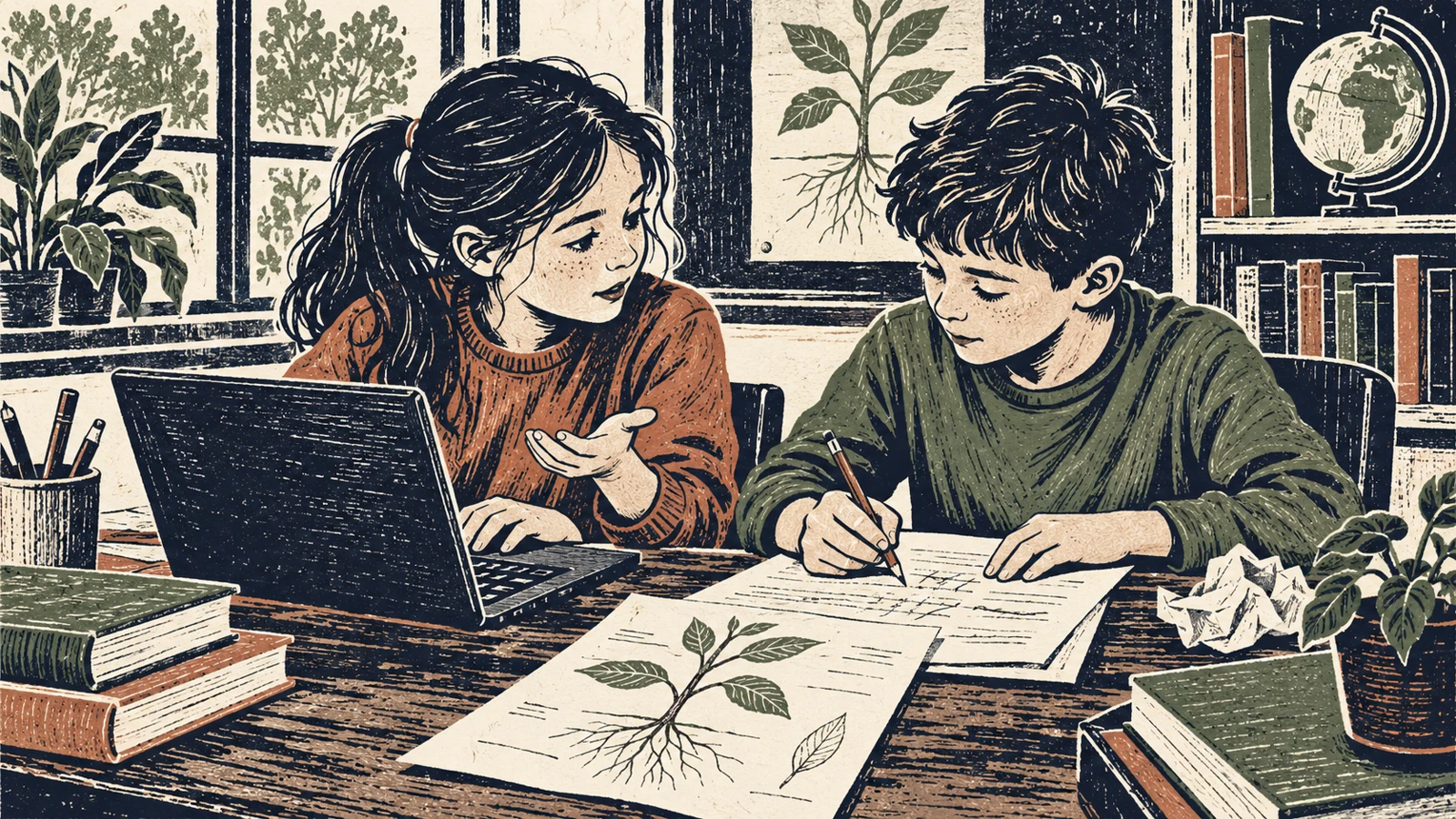 Una niña revisa en el portátil y un niño escribe en papel mientras conversan sobre plantas.