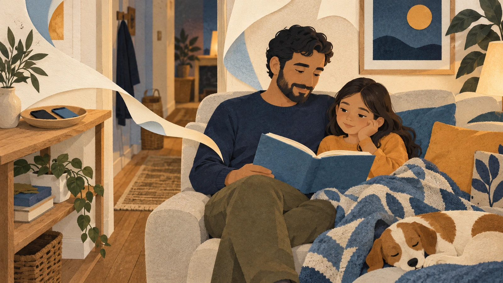 Un padre y su hija leen un libro de papel; dos teléfonos permanecen apartados en una repisa del pasillo.
