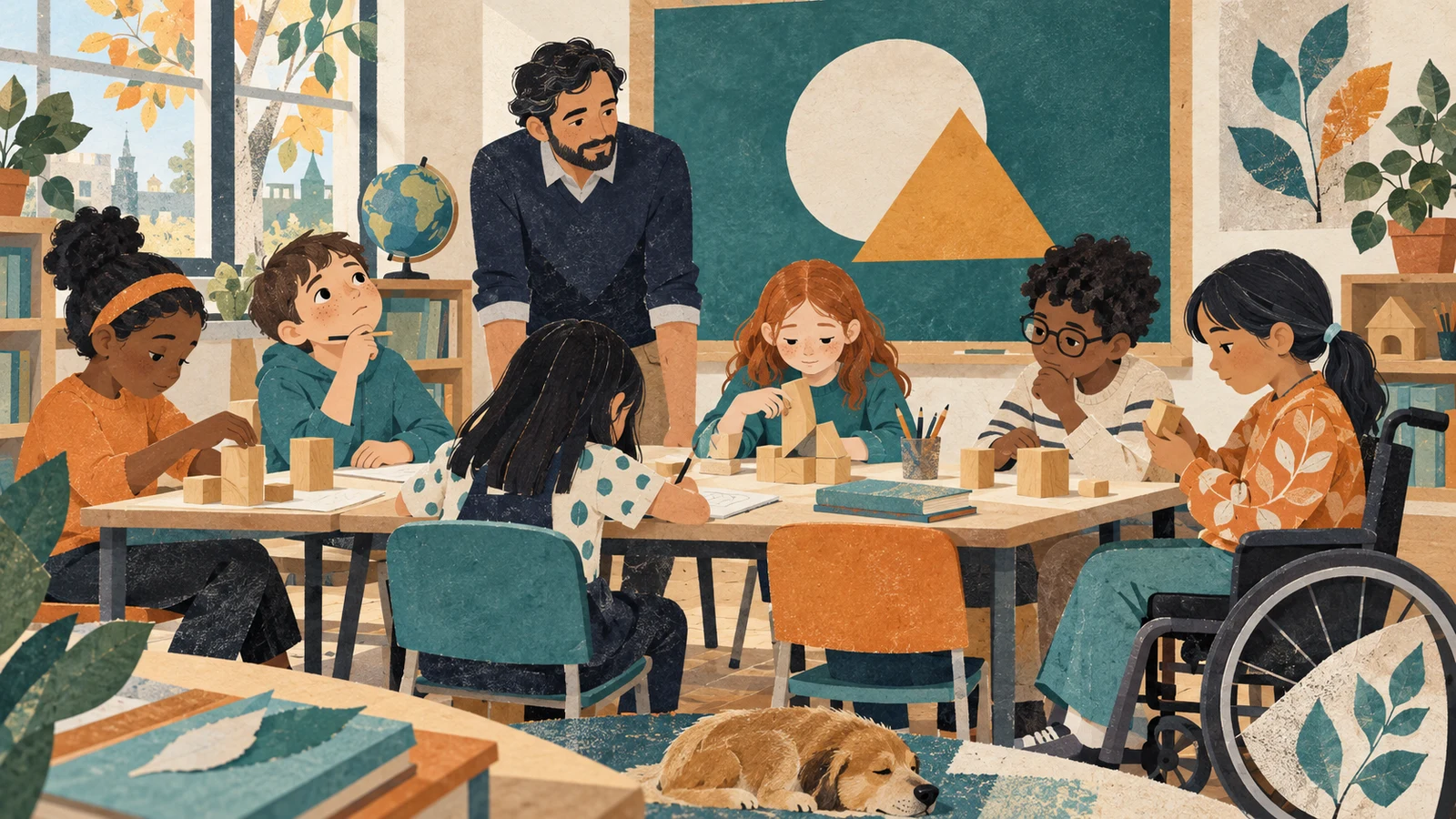 Collage de un maestro y alumnado diverso, incluida una niña en silla de ruedas, pensando y trabajando con piezas de madera.